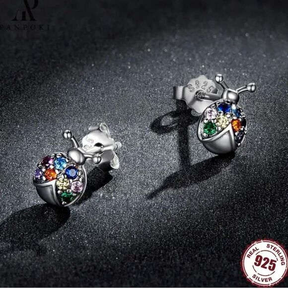 Lady Bug Zircon 925 Sterling Silver Multicolored Stud - Picture 3 of 5